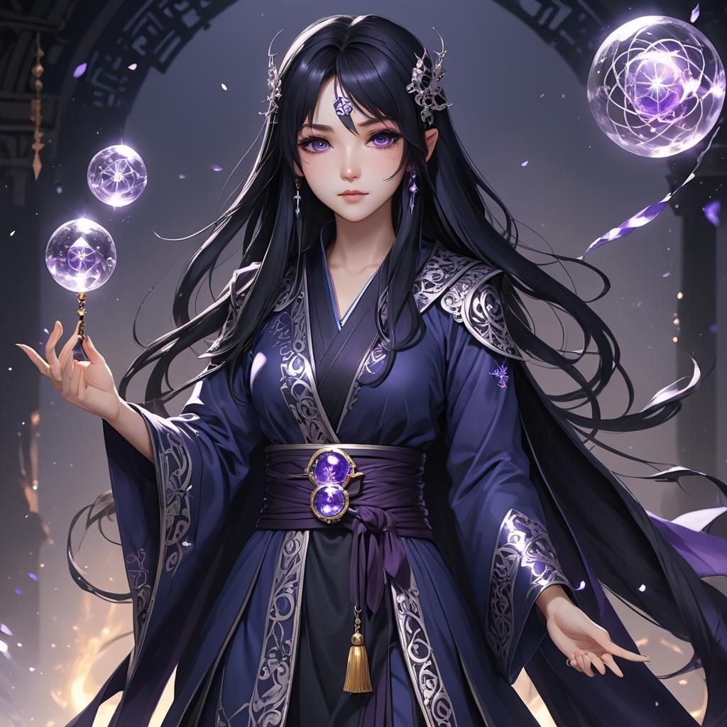 Anime Dark Sorceress with Crystal Staff
