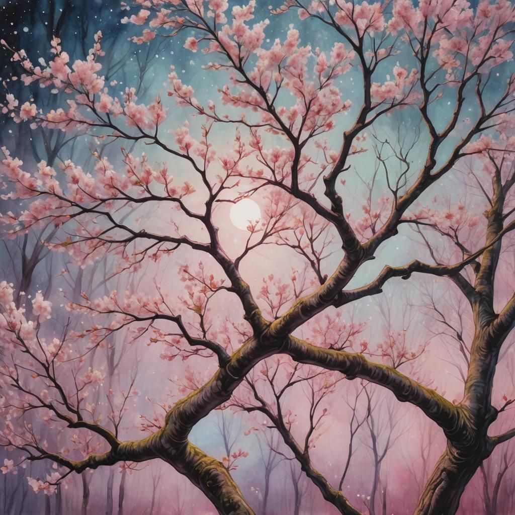 Magical Cherry Tree in a Mystical Forest