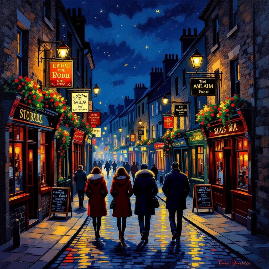 Dublin Street with Irish Pubs at Night in Vintage Style