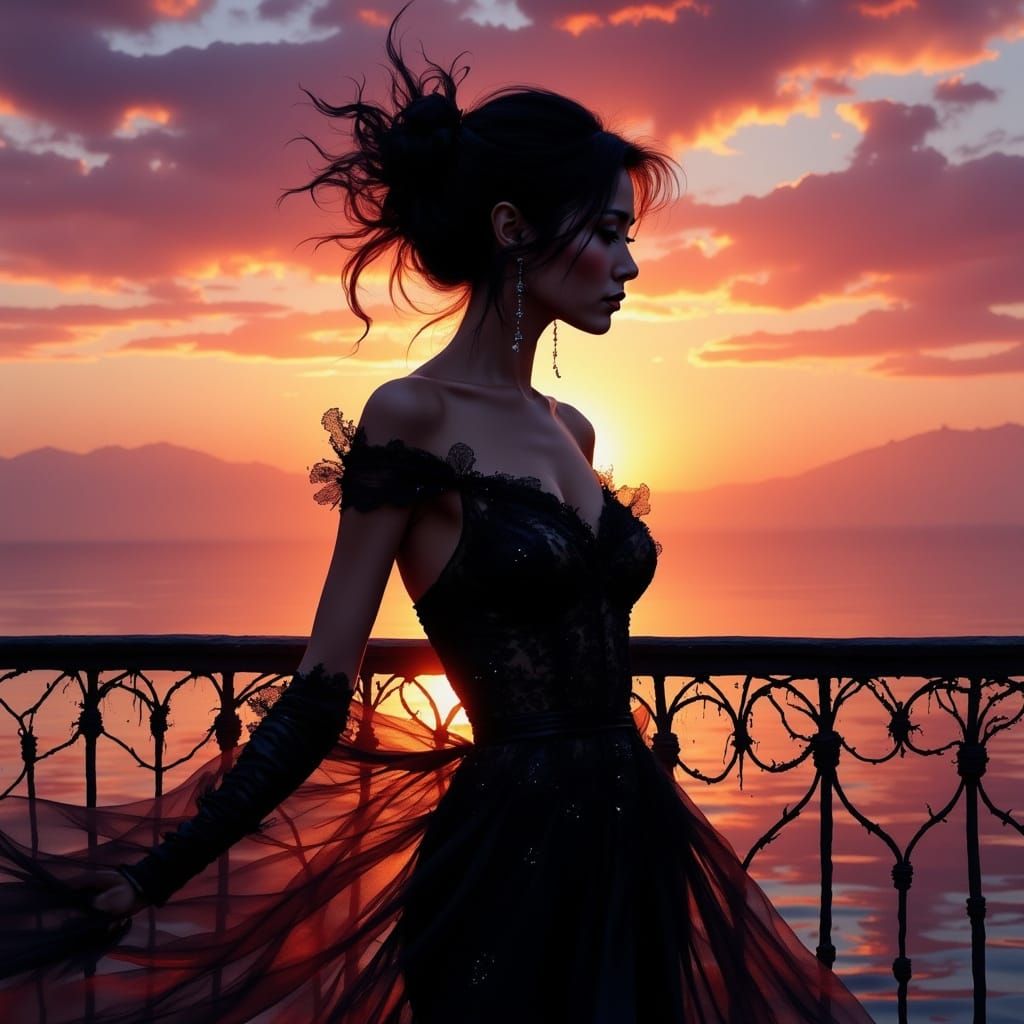 French Riviera Sunset Silhouette in Art Nouveau Style