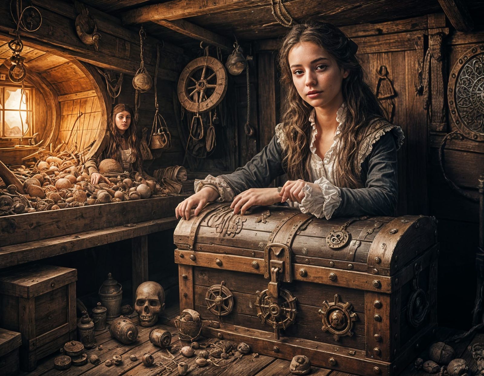 Girl Inside 18th Century Pirate Chest in Sailing Ship Hold