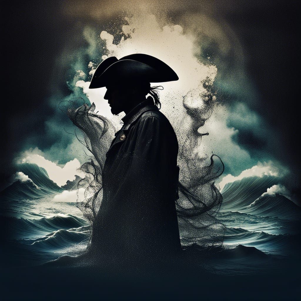 Pirate Silhouette Double Exposure in Stormy Seas