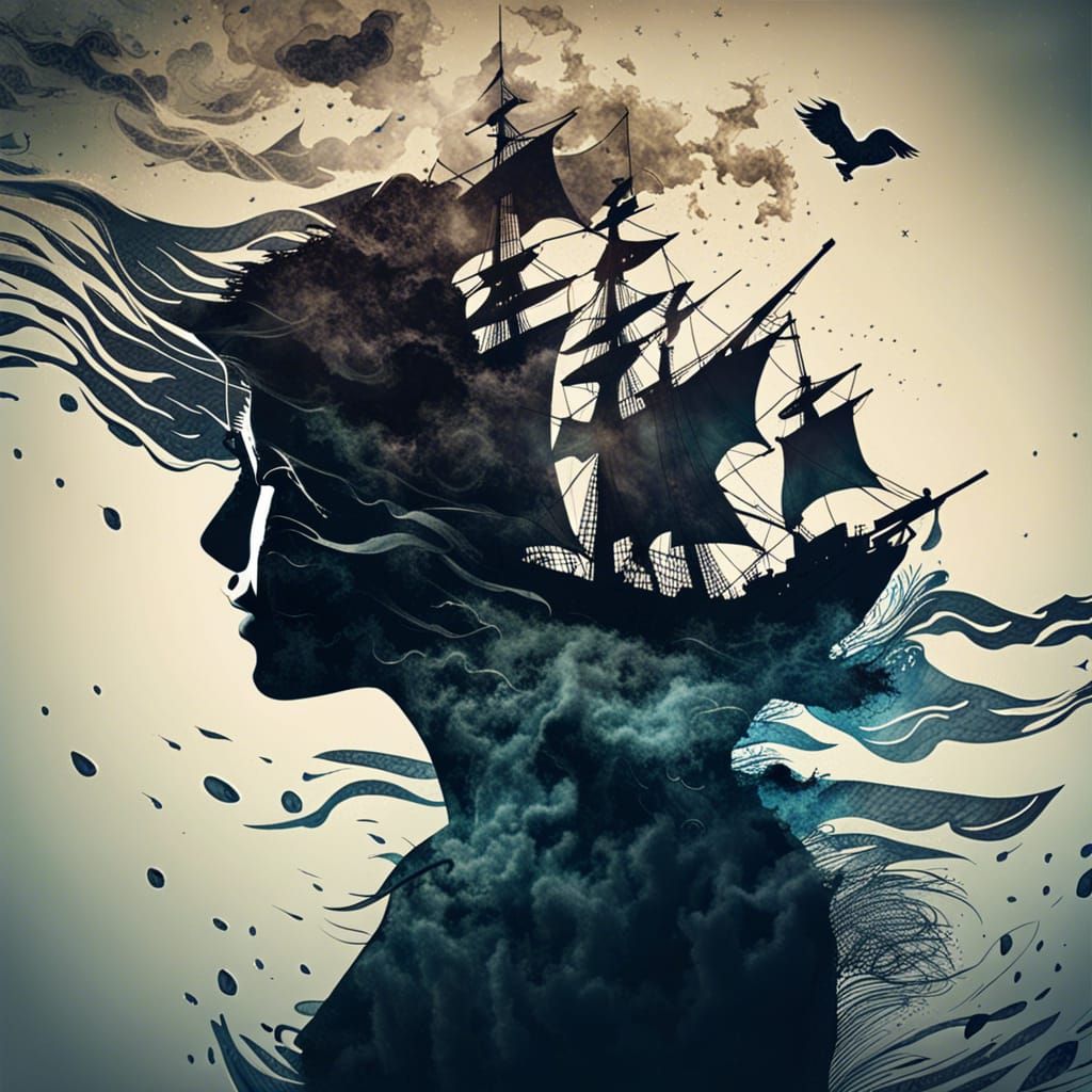Pirate Silhouette in Stormy Seas: Double Exposure
