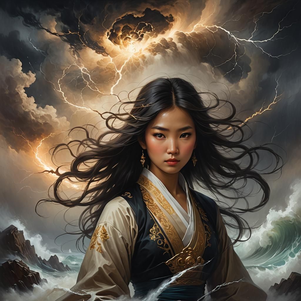 Asian Girl in Storm: Surrealist Fantasy Painting