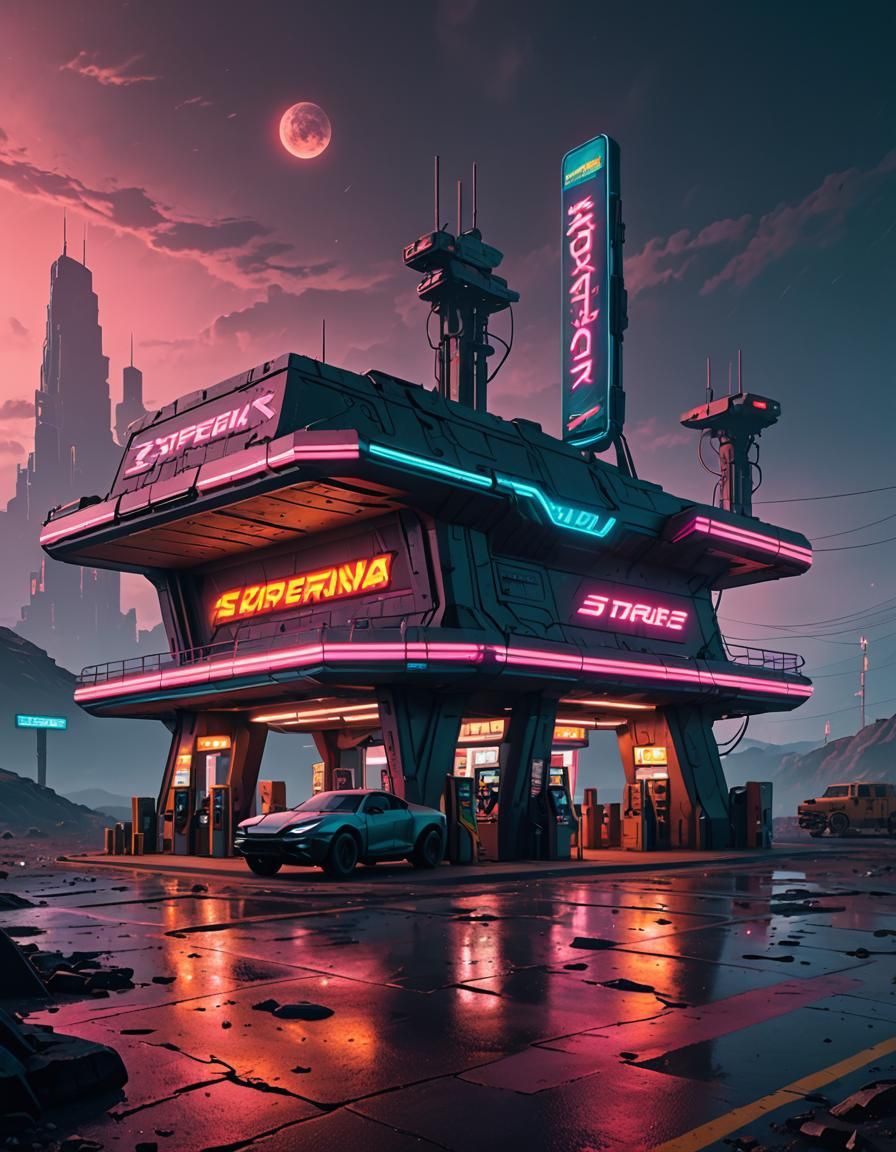Cyberpunk Gas Station on Distant Asteroid