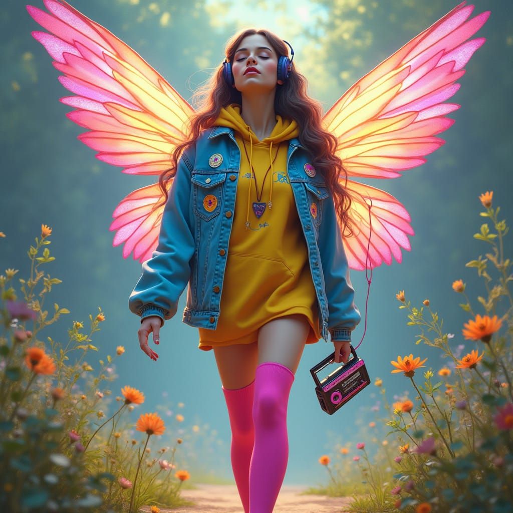 Whimsical Fairy in 80's Attire Soars Amidst Dreamy Atmospher...