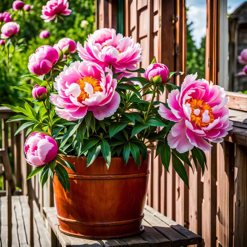 Peonies in Full Bloom on Cottage Balcony