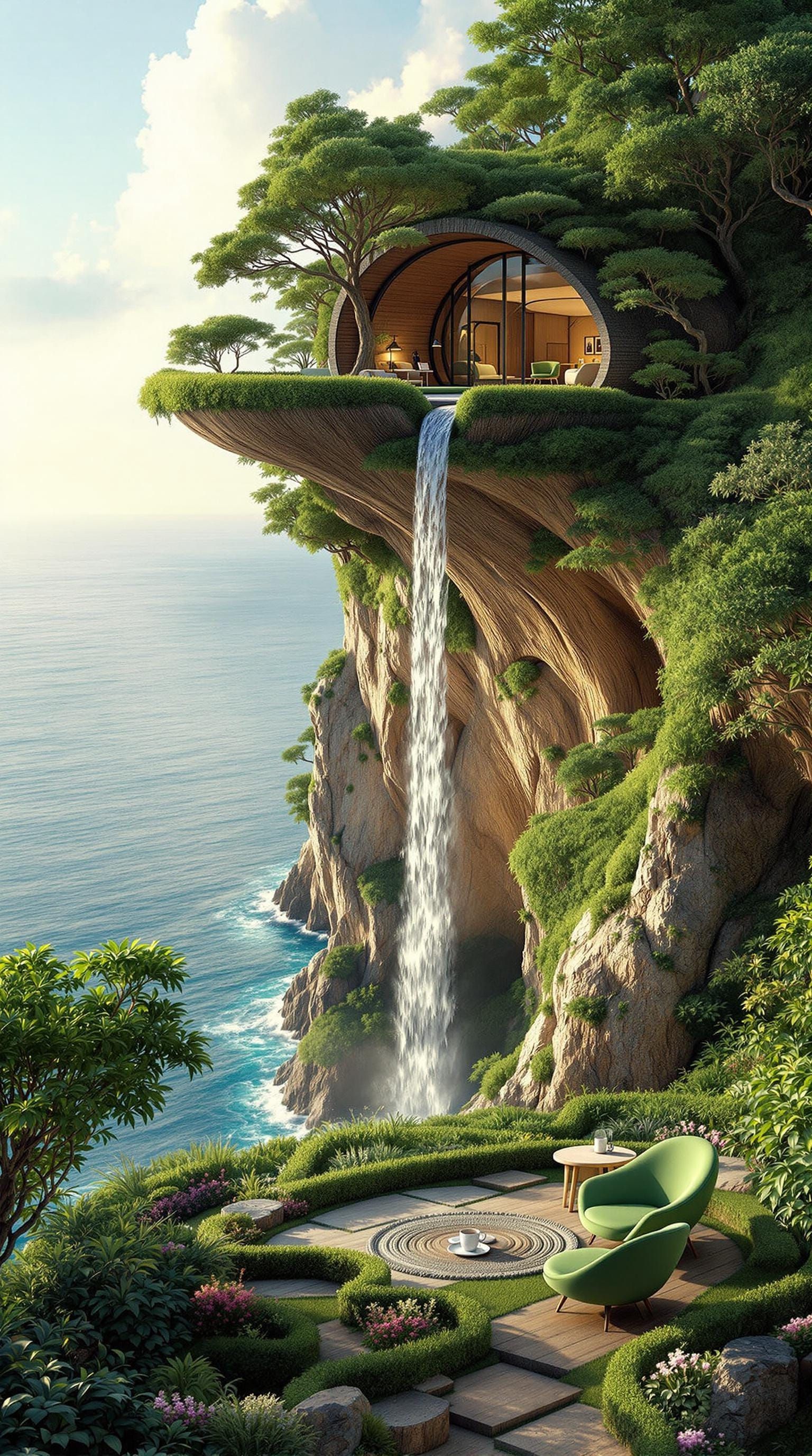 Ethereal Cliffside Oasis in Photorealistic Surrealism