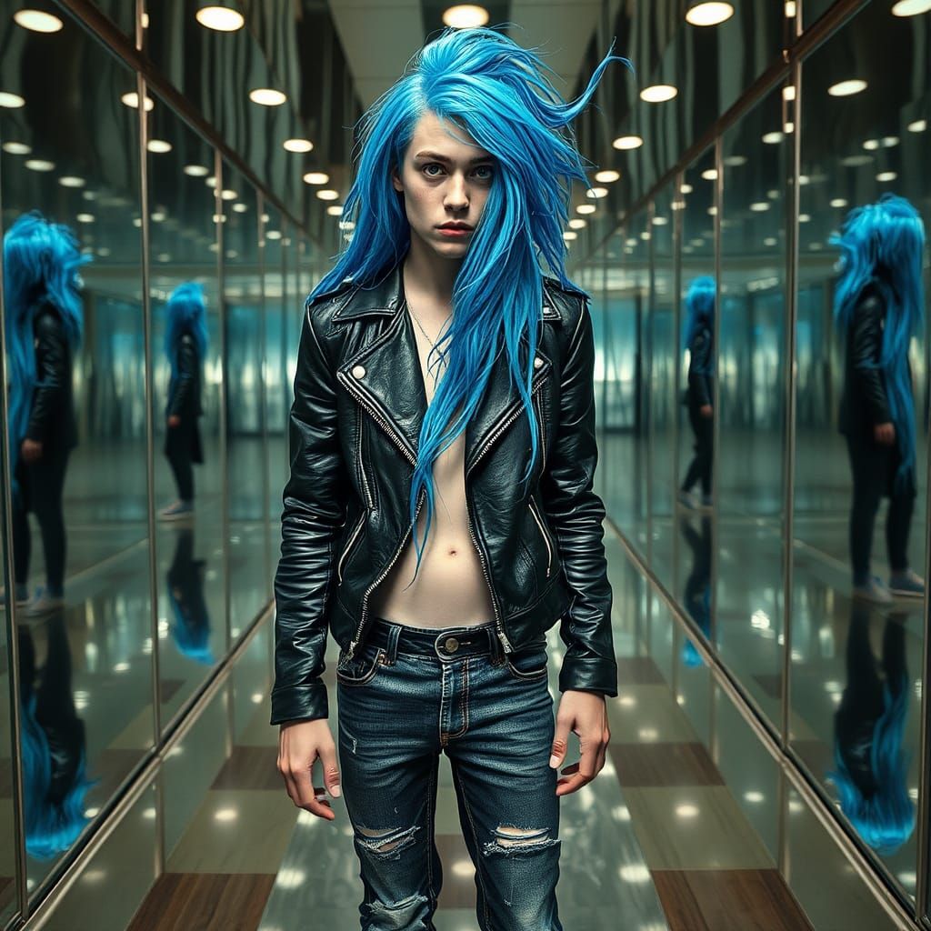 Mirrored Reflections: Young Man in Leather and Electric Blue...