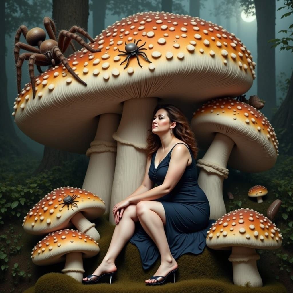 Lady, Mushroom, and Spider: A Surreal Scene