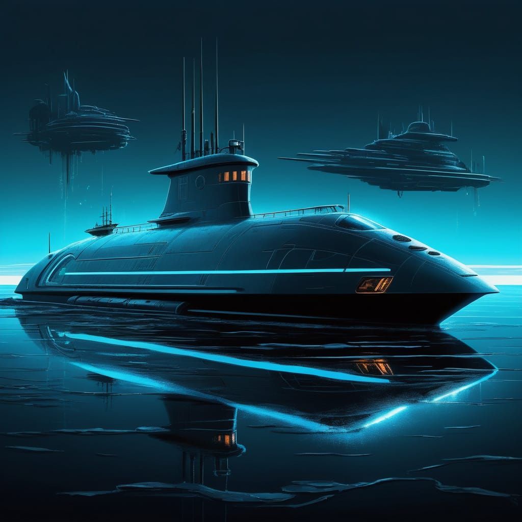 Futuristic Submarine in Dark Ocean Waters
