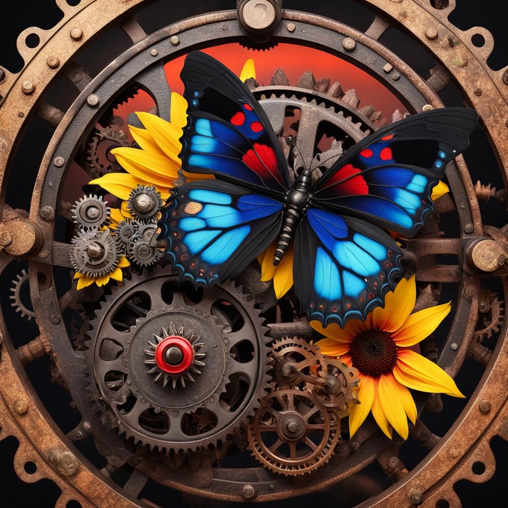 Steampunk Butterfly on Sunflower at Dusk