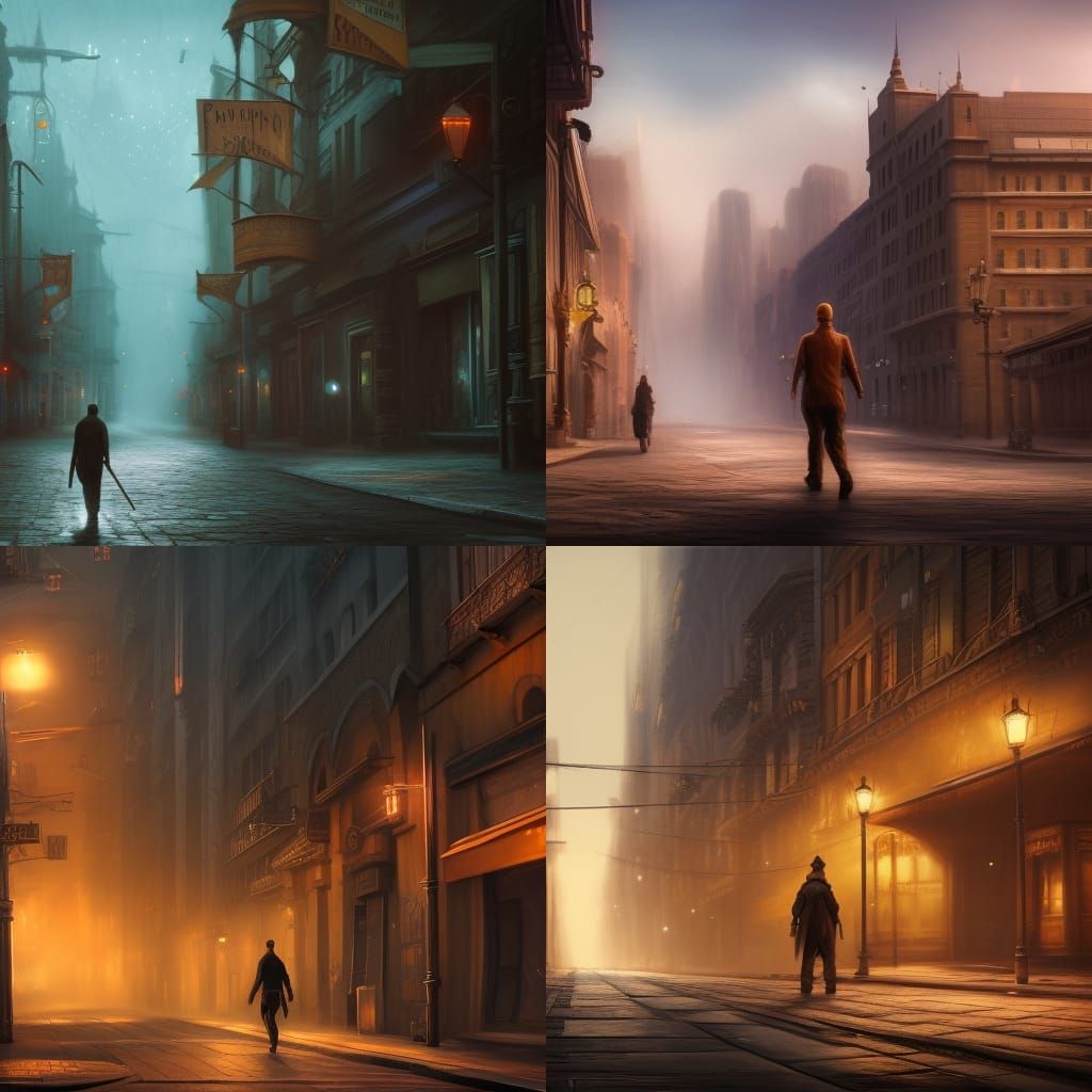 Lone Figure in Street: Detailed Matte Painting