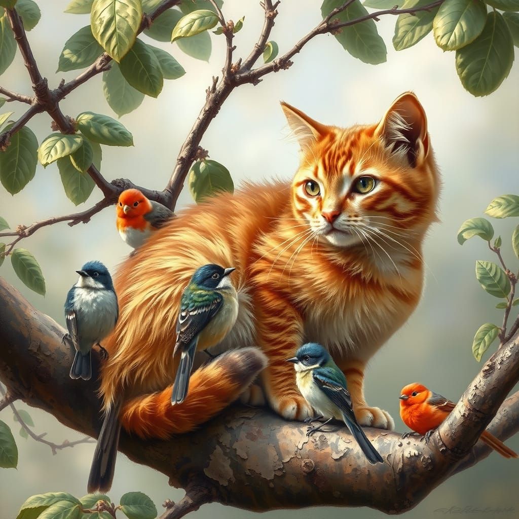Ginger Cat in Tree Surrounded by Birdhouses