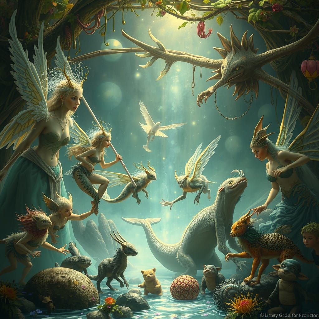 Mythical Creatures Gather in Dreamlike Enchanted Forest