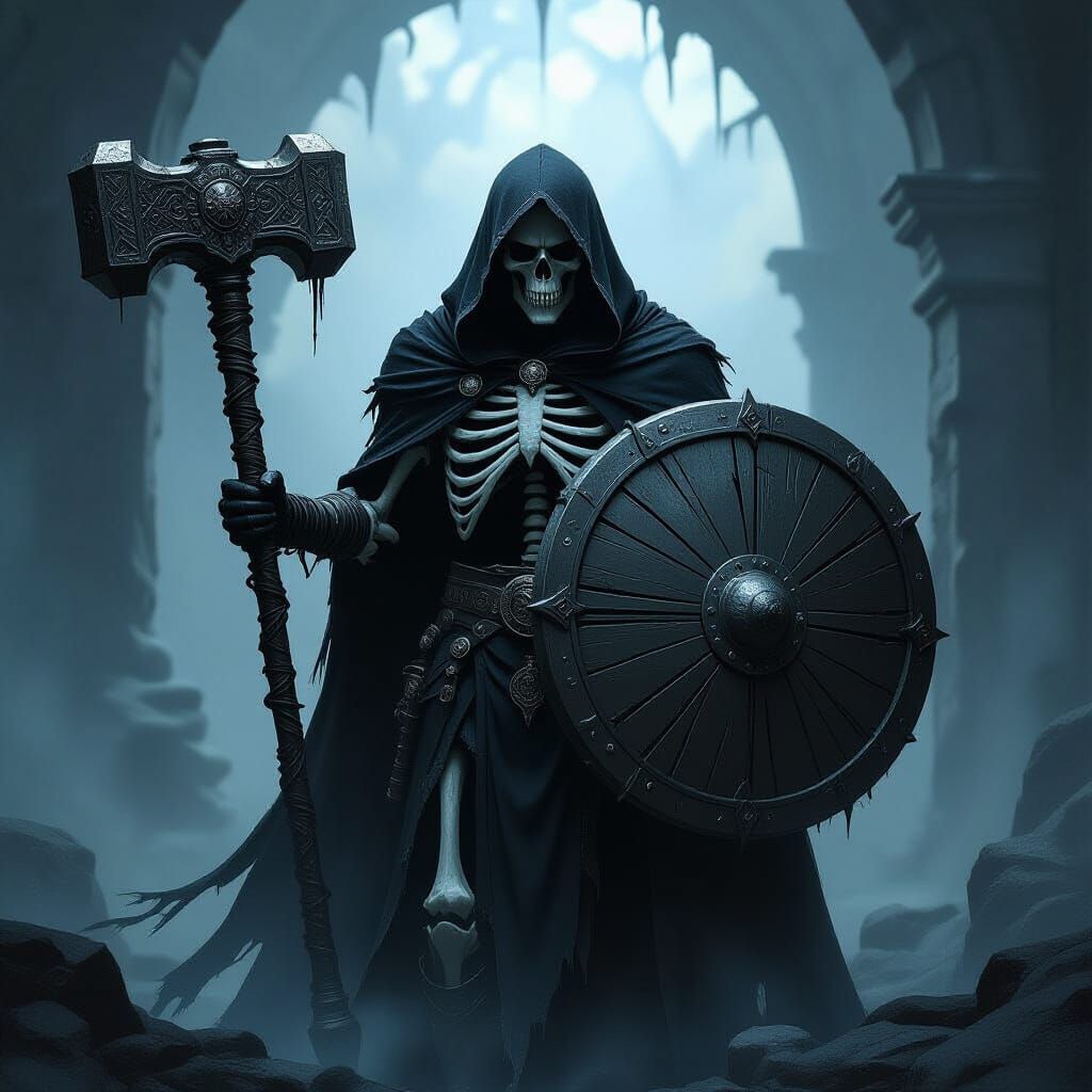Skeletal Prince with Giant Hammer and Shield in Dark Fantasy...