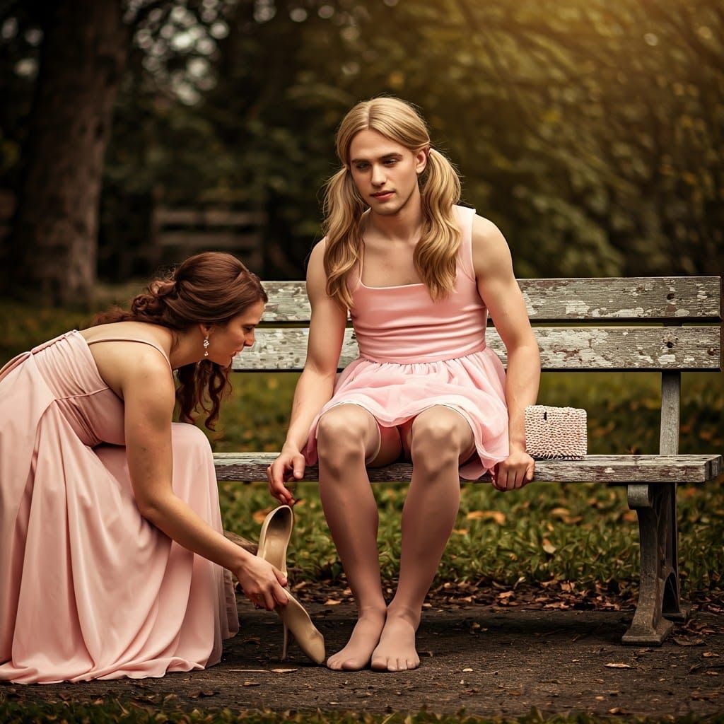 Feminine Young Man in Pastel Prom Dress, Gentle Moment with...