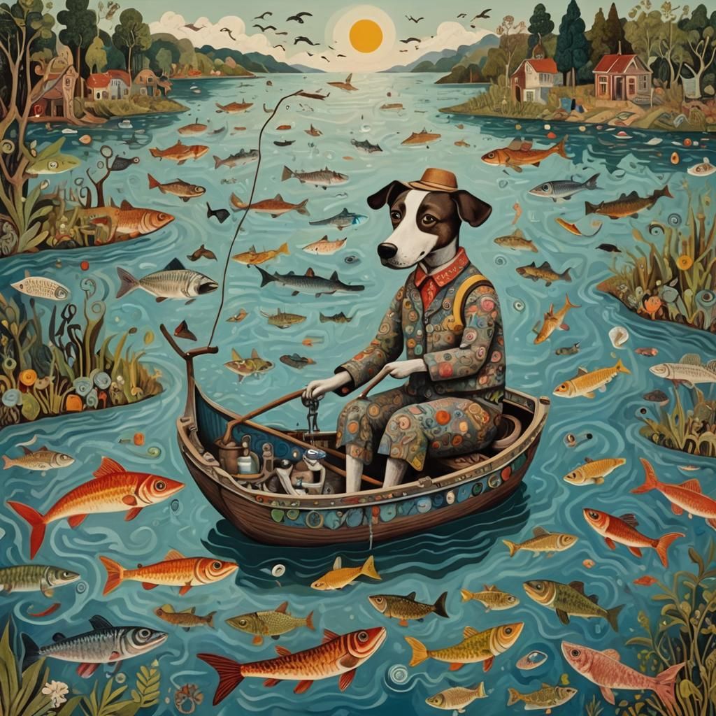 Whimsical 3D Dog Fishing Boat Digital Art