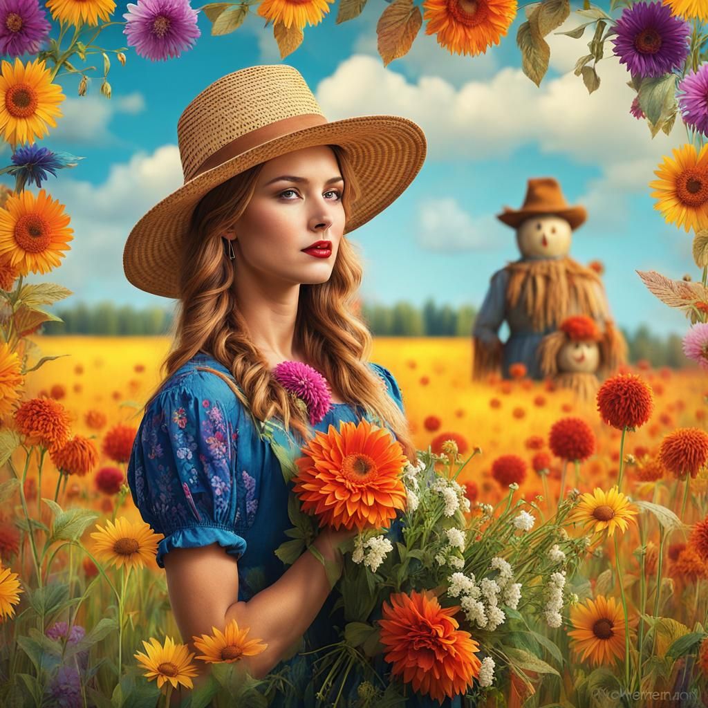 Woman with Scarecrow in Field: Digital Art
