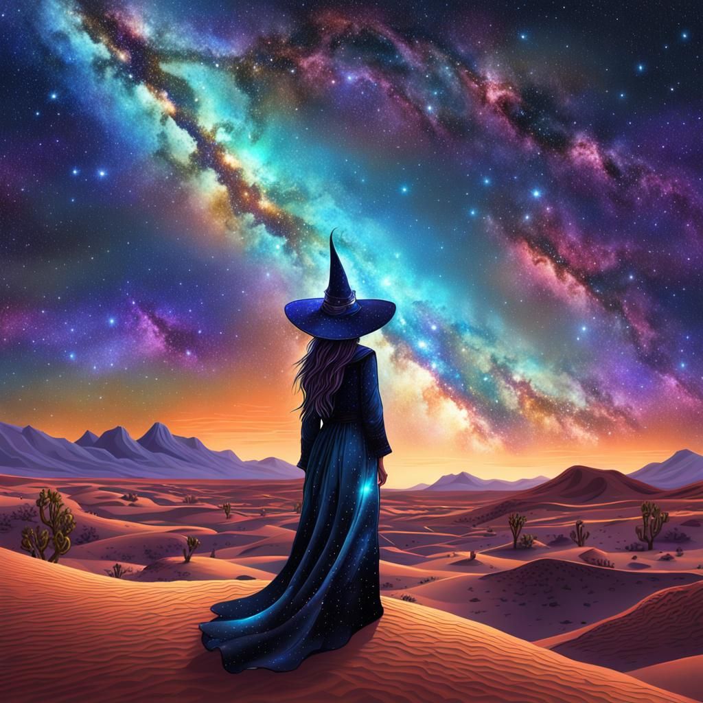 Desert Witch Contemplates Cosmic Sky, Abstract Illustration
