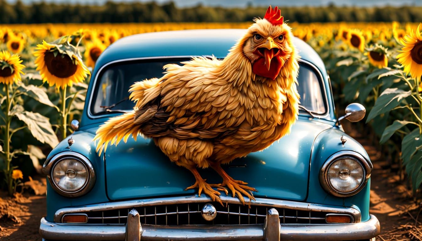 Grumpy Chick in Sunflower Field, Van Gogh Style