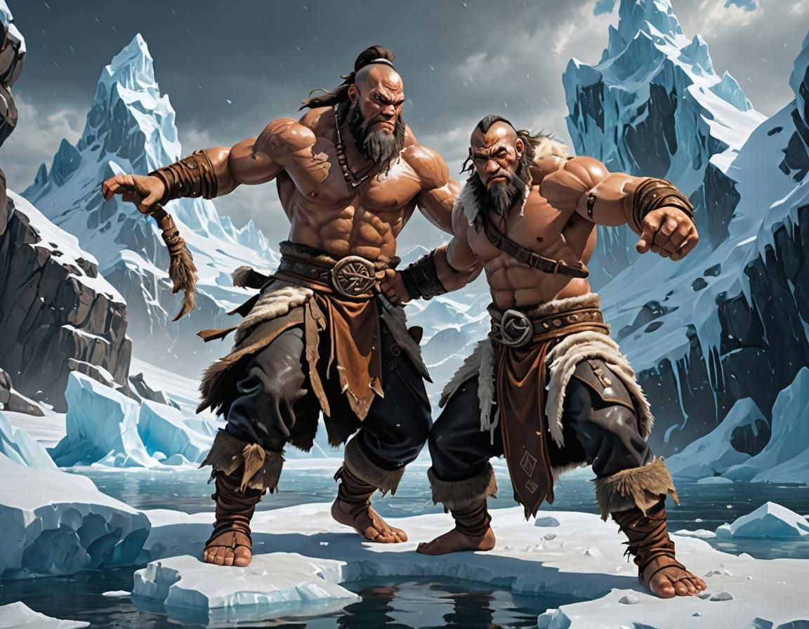 Barbarian Monk in Dynamic Pose on Iceberg