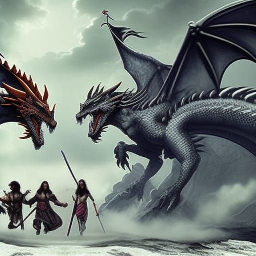 Fantasy Adventurers Battle Dragon in Epic Digital Painting