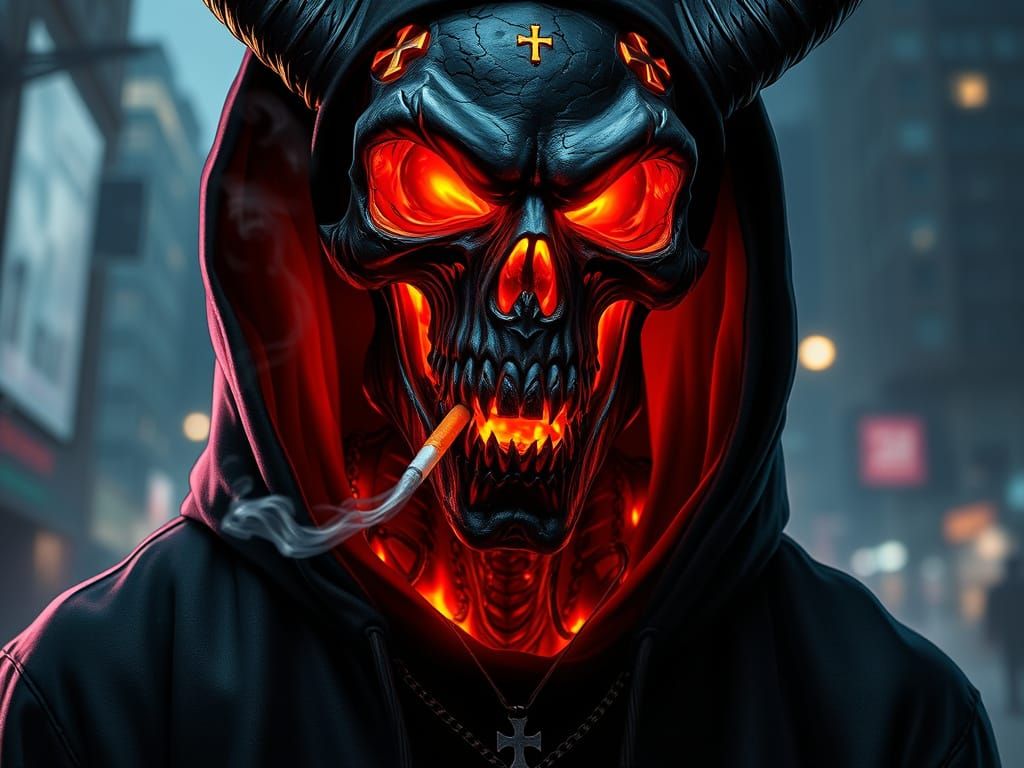 Demonic Humanoid with Lava Skin in Dystopian Cityscape