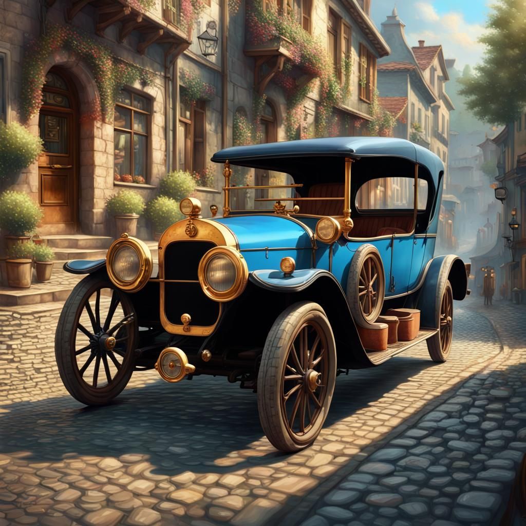 Old Blue Car on Cobblestone Street, Art Nouveau