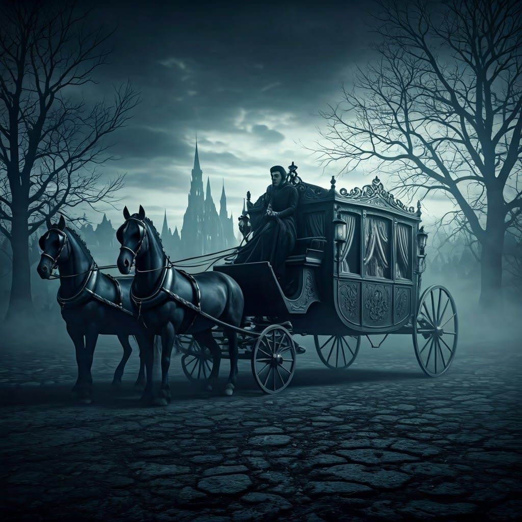 Ominous Victorian Hearse in Gothic Horror Film Style