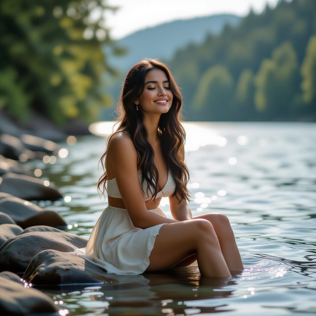 Peaceful Riverside Portrait of Woman with Cat and Dog