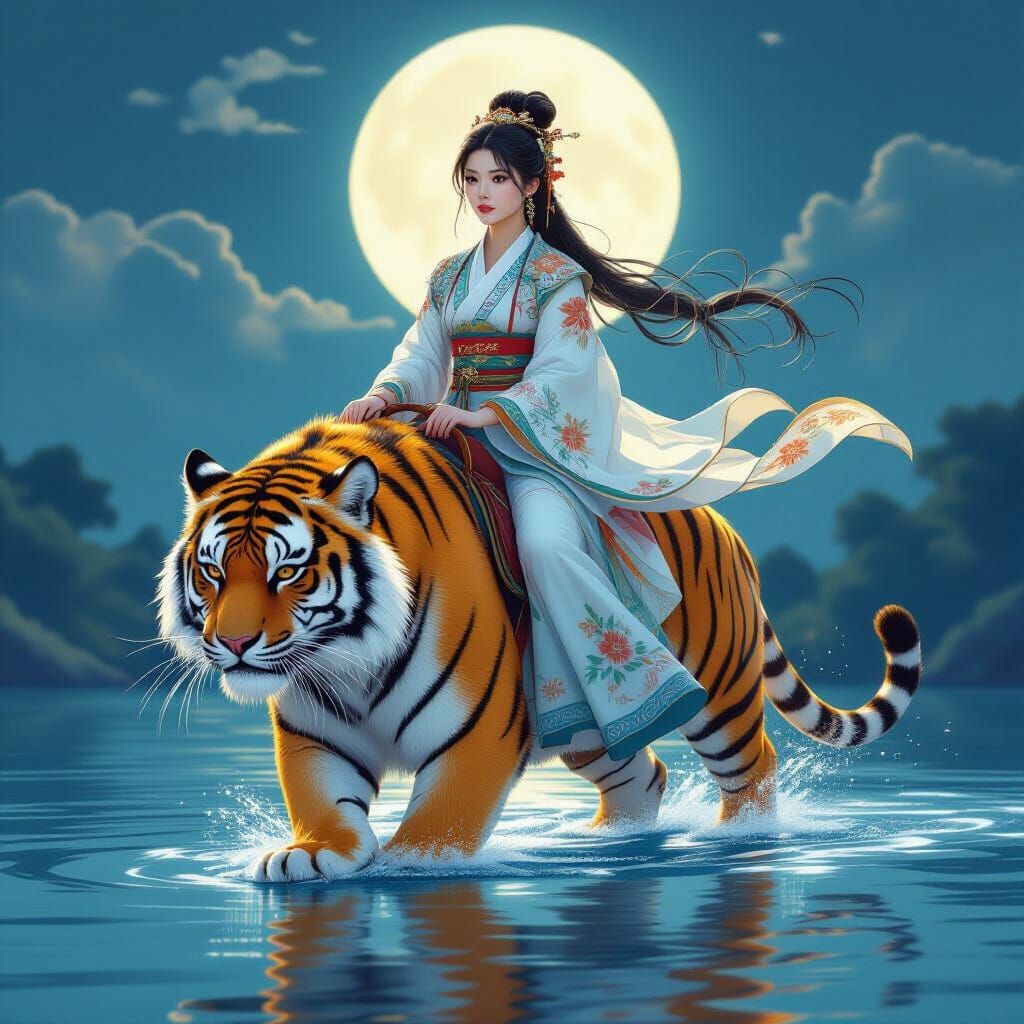 Hanfu Woman Rides Tiger on Water in Realistic Style