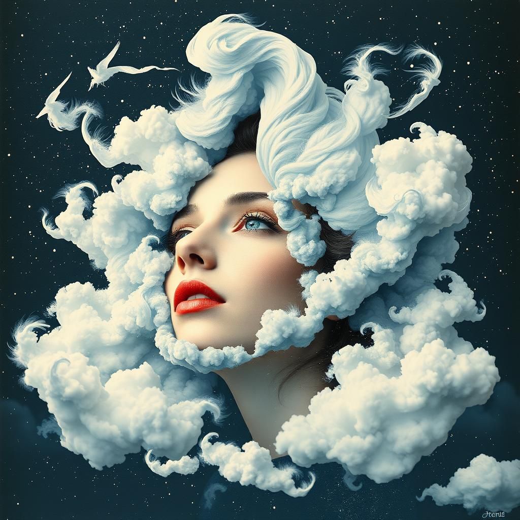 Surreal Dada Woman in a Starry Cloudscape