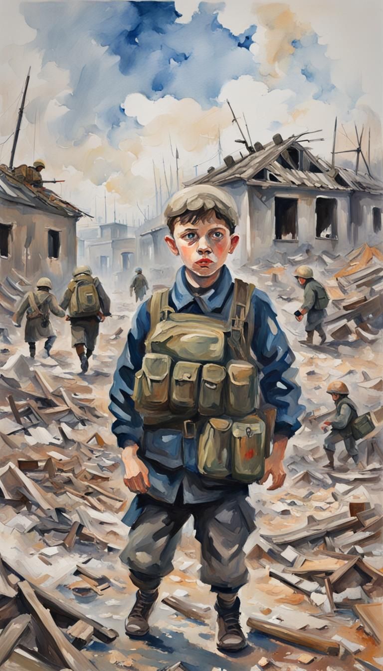 Children in War: Gouache Impressionist Masterpiece
