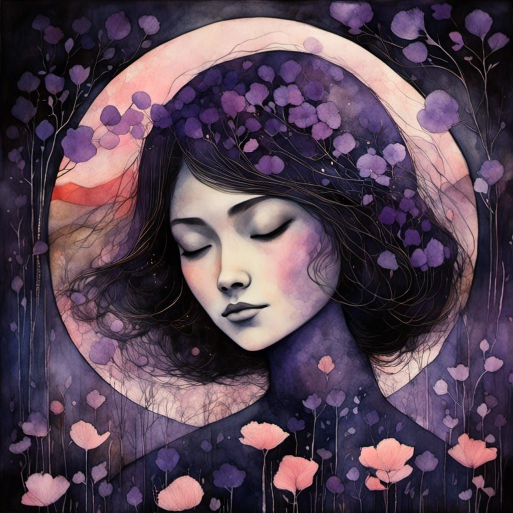 Woman in Field: Liquid Ink Watercolor Illustration