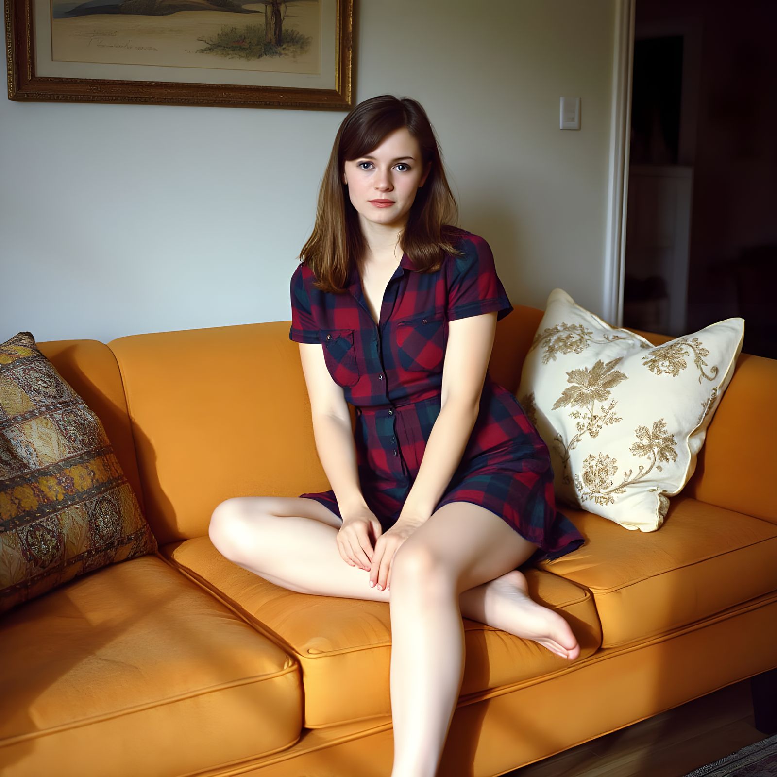 Vintage Chic Woman Relaxing on a Gold-Brown Couch