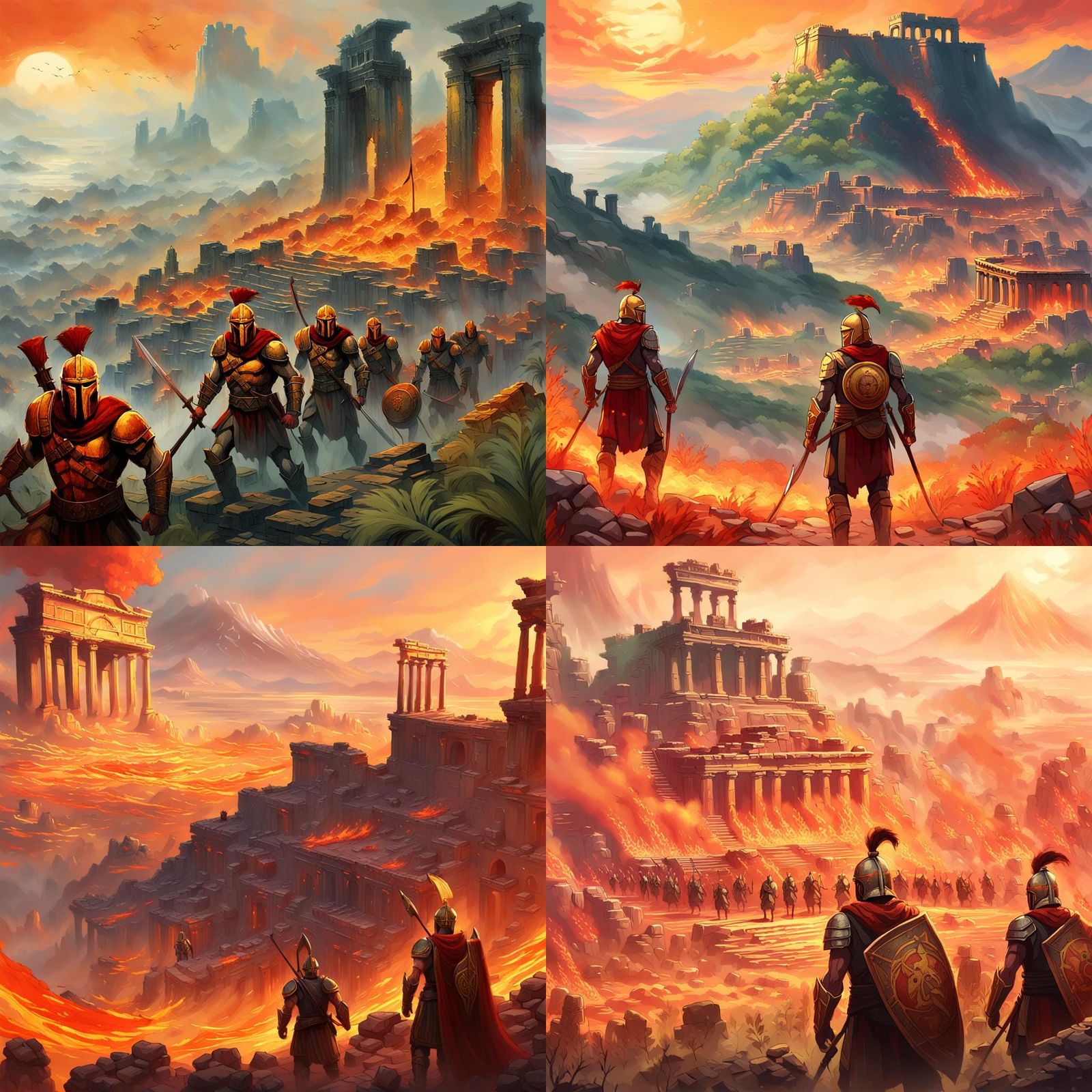 Spartan Warriors in War Zone: Hand-Drawn Illustration