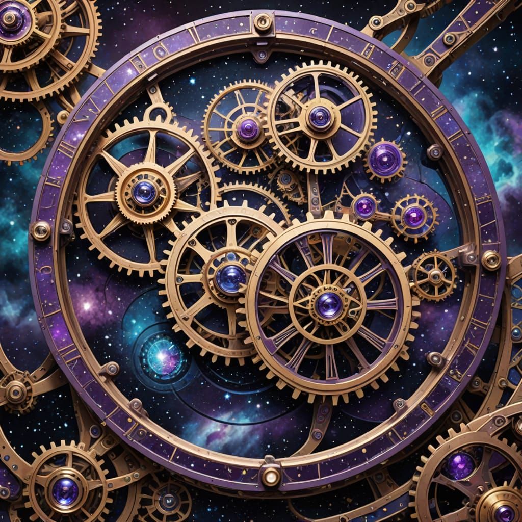 Celestial Clockwork in Cosmic Void, Detailed Illustration