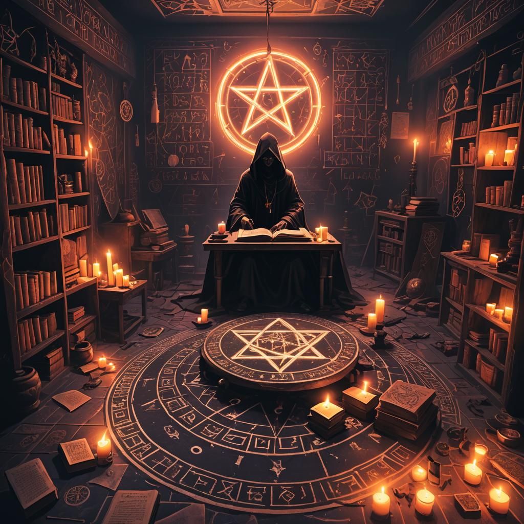 Room filled with occult artifacts and ancient tomes.