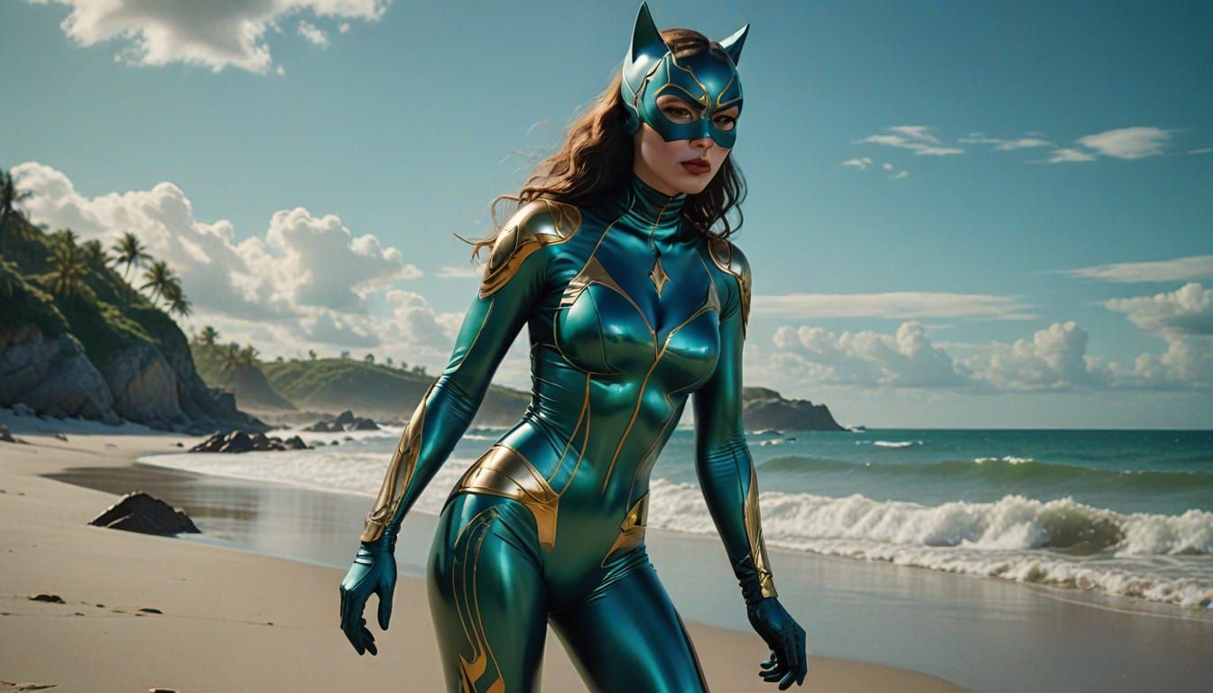 Sultry Catwoman Reigns on Tropical Beach in Hyperrealistic A...