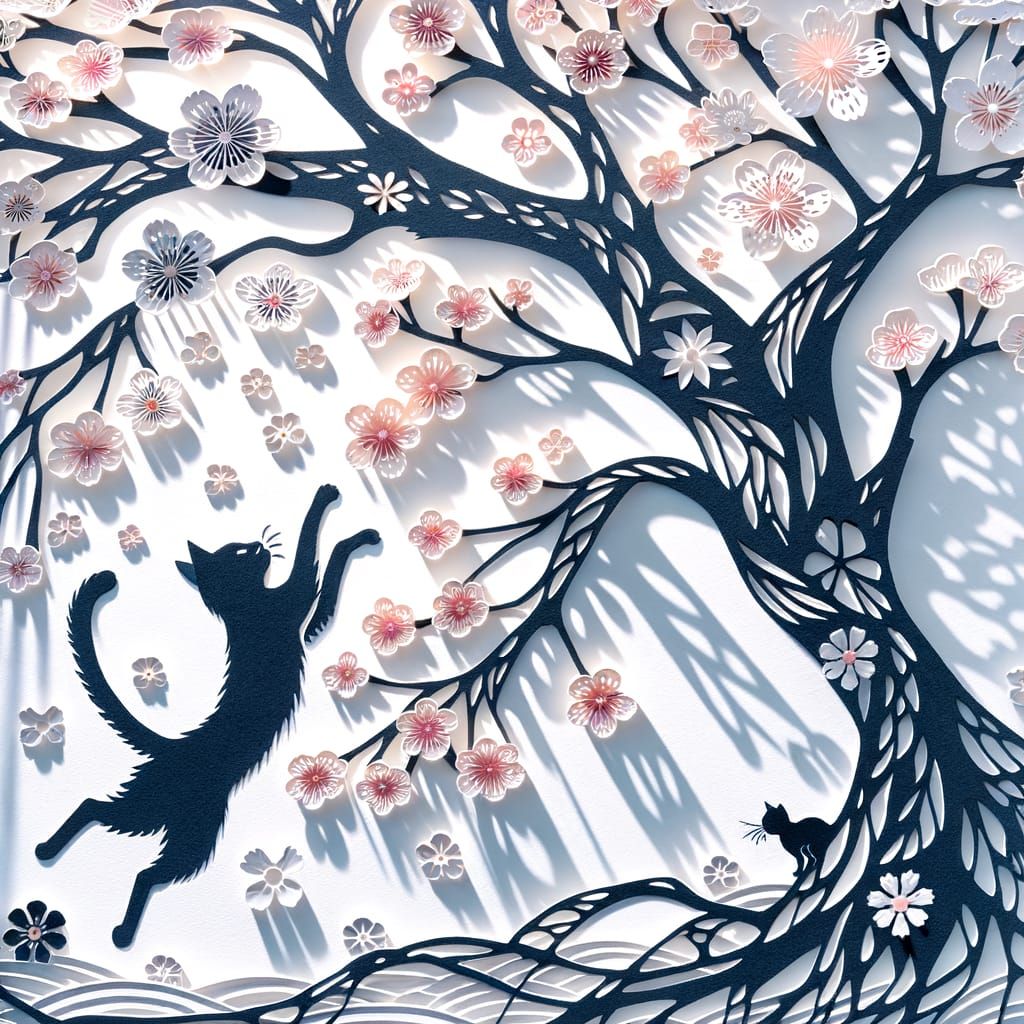 Japanese Kiri-E Paper Cutting Art: Cat and Sakura