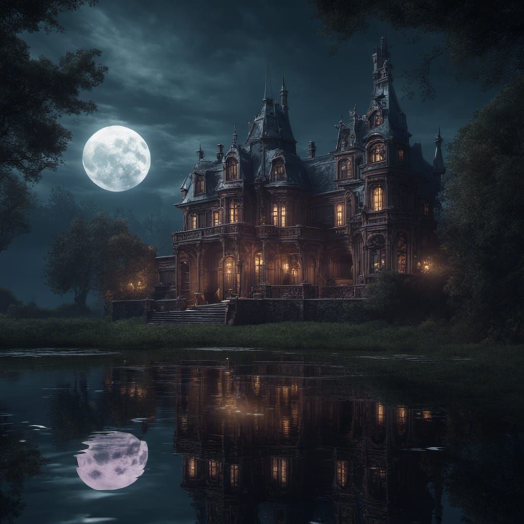 Moonlit Murder Mystery Mansion in Detailed Matte Painting