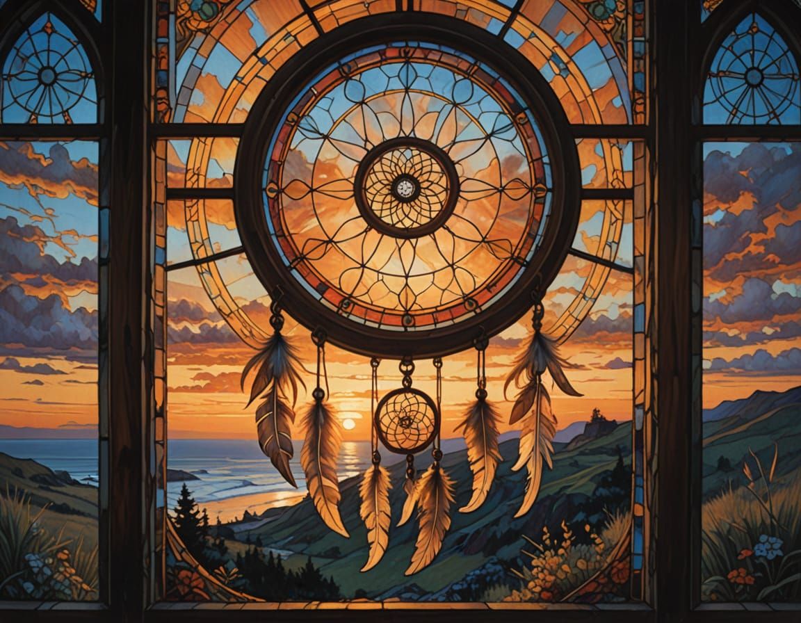 Dreamcatcher in Stained Glass Window, Golden-Age Style