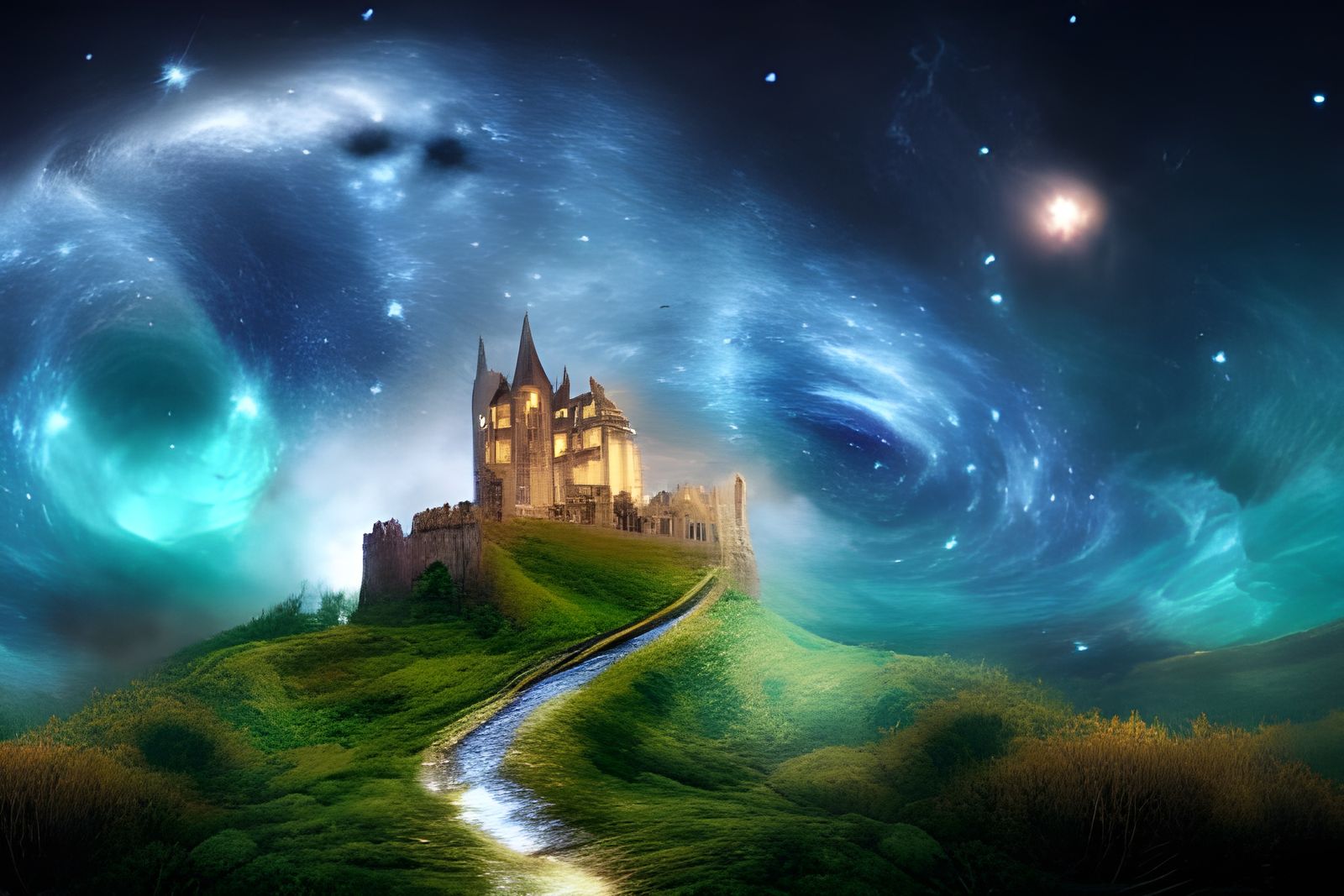 Stunning Castle in Alien Nebula Landscape, Digital Art