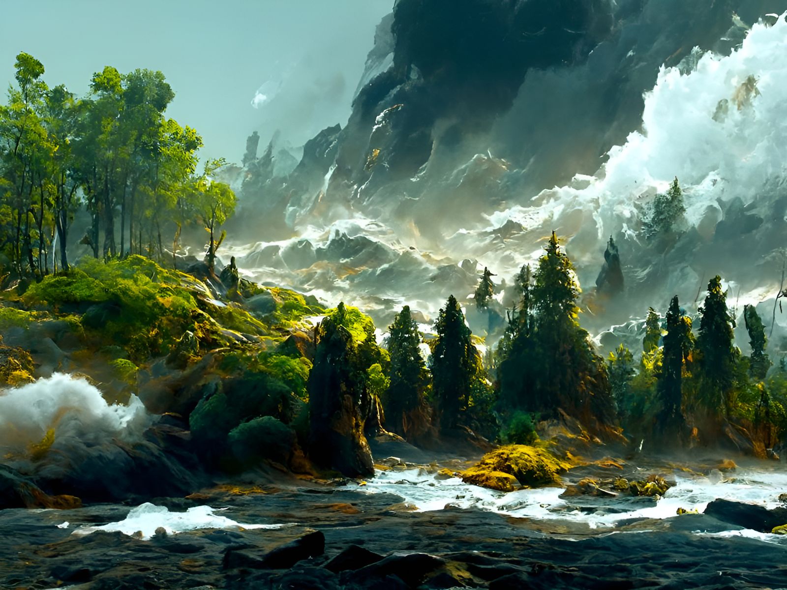 Waves Crash into Forest Landscape Painting