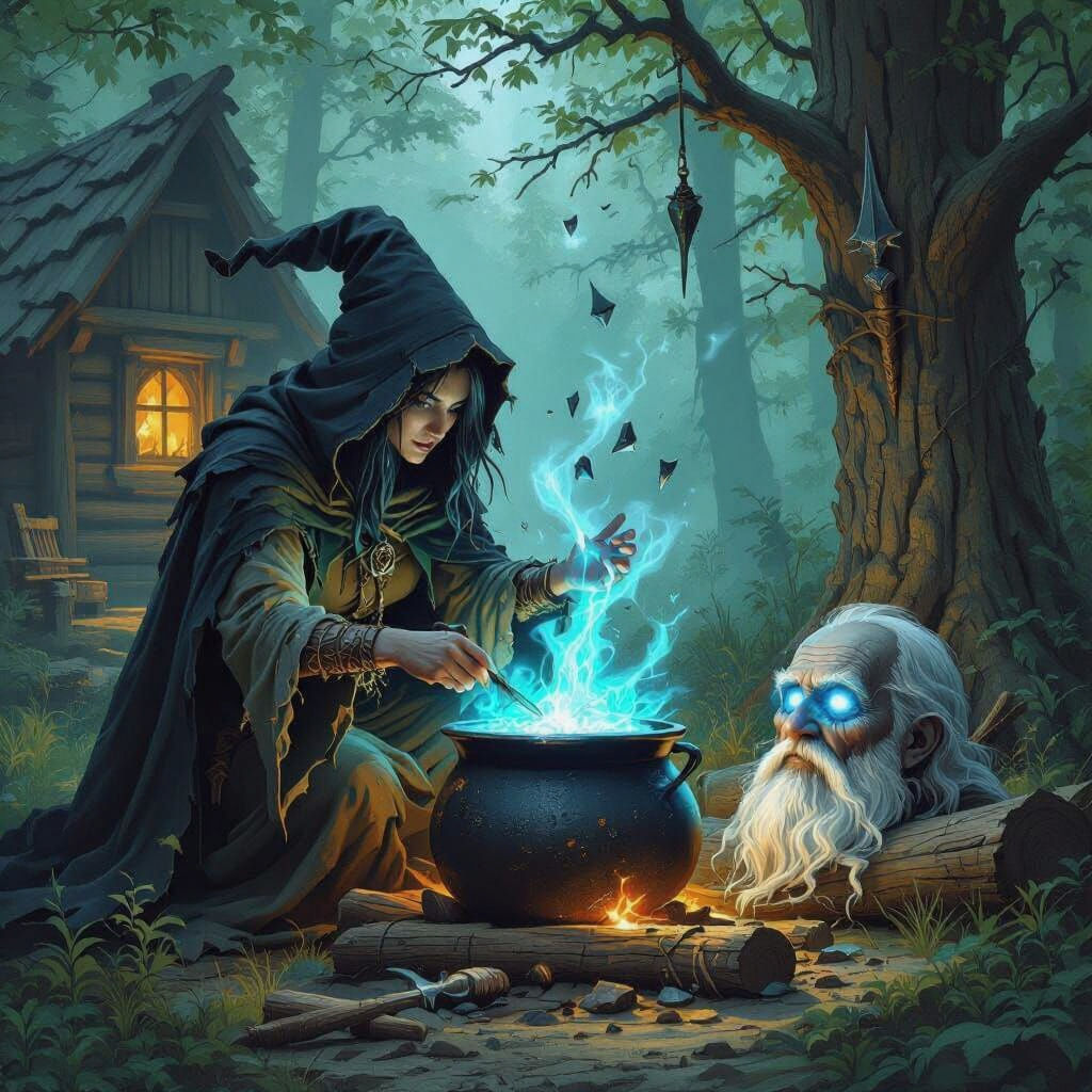 Witch Brewing Elixir in Dungeons and Dragons Style