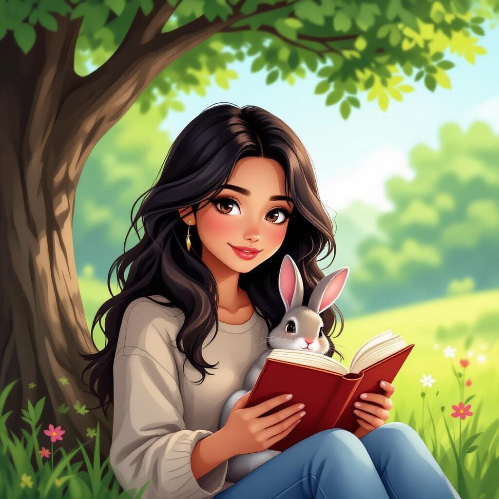 Woman Reading with Rabbit Under Tree