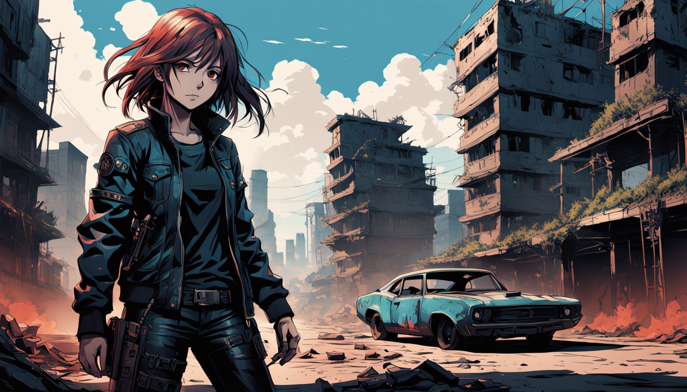 Dystopian Warrior Crouches Behind Rusted Car in Ruined City