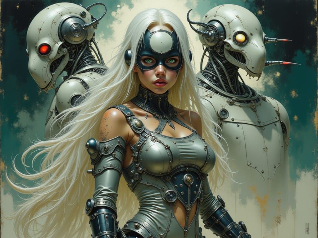 White Haired Woman in Silver Jumpsuit with Zorro Mask