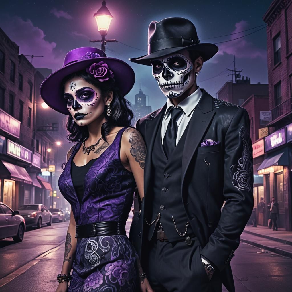 Noir Zoot Suiter Sugar Skull in Cityscape